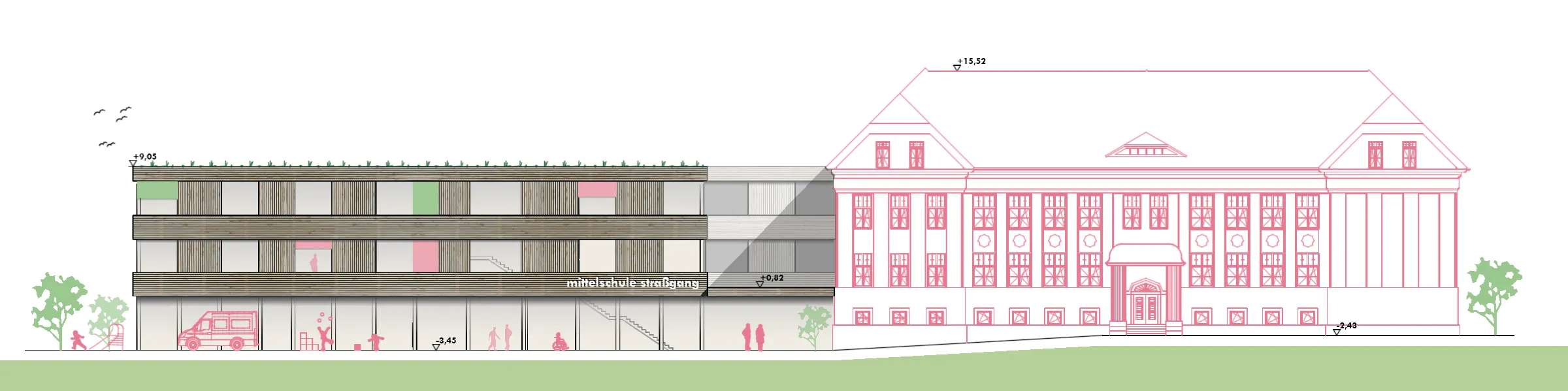 mittelschule straßgang, bildungsbau, graz, steiermark — ansicht 2
